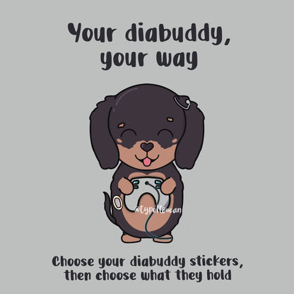 Albert the Golden Labrador | Doggie Diabuddies | Diabuddy Diabetes Dog Sticker holds 1 of Novopens, Medtronic, Tslim, Omnipod, Ypsomed, Dana