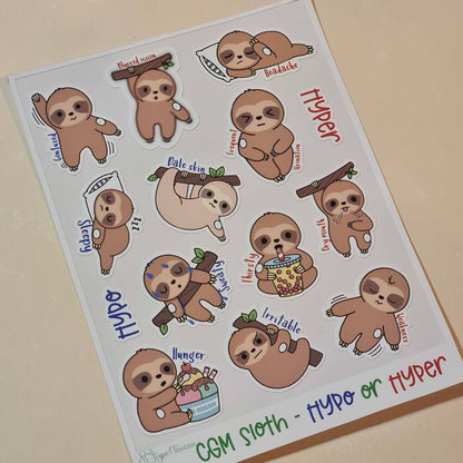 Hyper or Hypo CGM Diabetes Awareness Sloth Stickers. Type 1 Sloth wearing a CGM / Pump (Libre or Dexcom or Omnipod). For Laptop