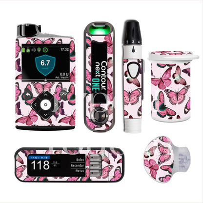Pink Butterflies | Diabetes Stickers | Dexcom Sticker Omnipod Freestyle Libre Tslim Enlite Minimed Medtronic Pump Contour Vinyl Decal Cover