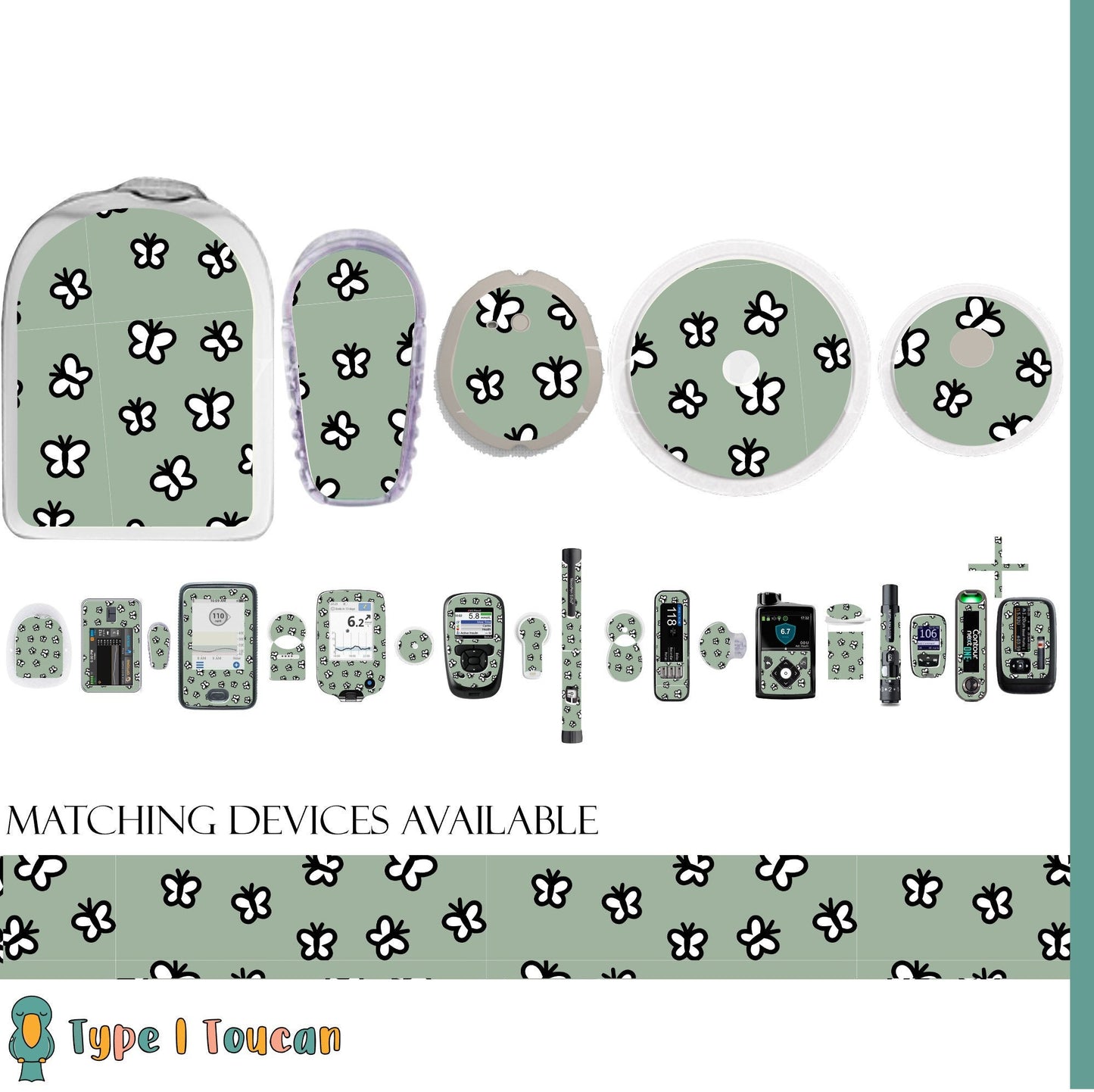 Natural Sage Butterflies | Diabetes Stickers | Dexcom Sticker Omnipod Freestyle Libre Tslim Enlite Minimed Medtronic Pump Contour Vinyl