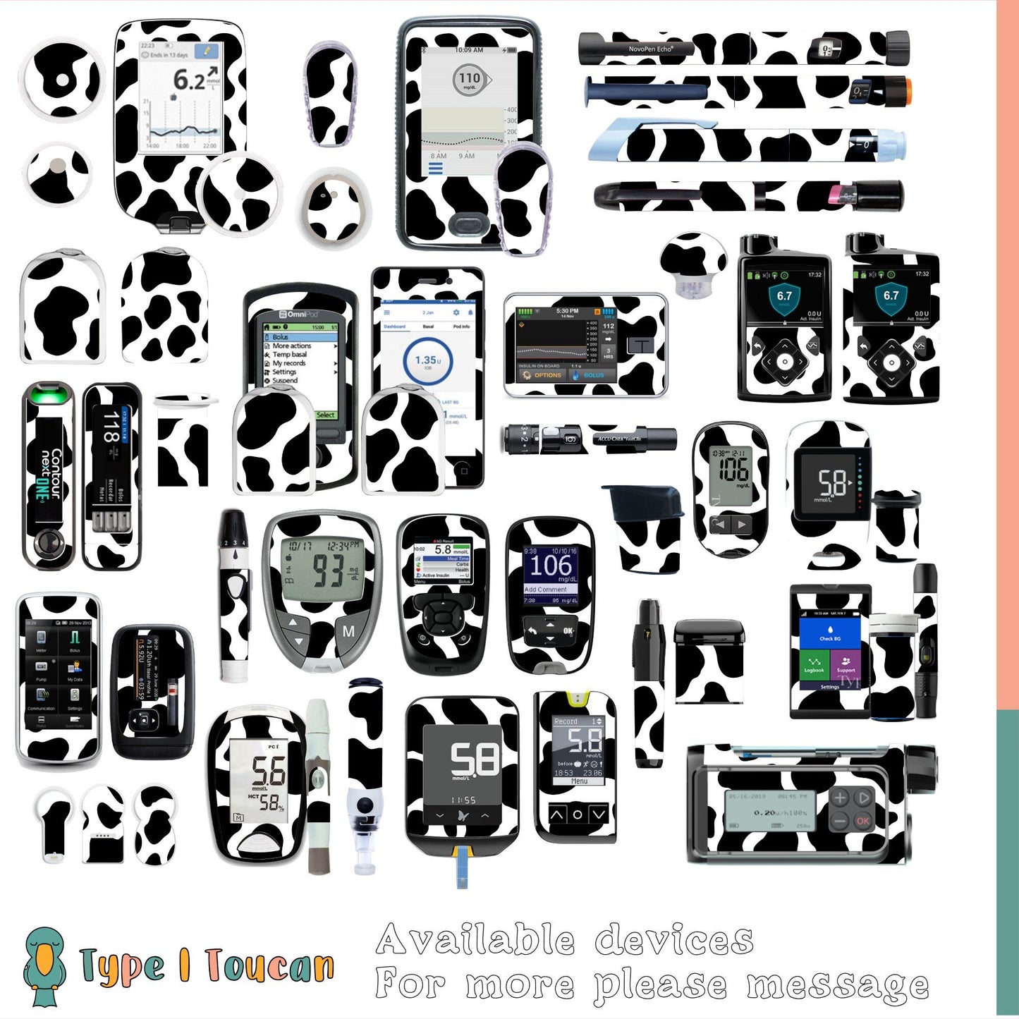 Black Cow Print | Diabetes Device Stickers | Dexcom G6 Sticker G7 Sticker Omnipod Freestyle Libre Tslim Minimed Medtronic Pump Contour Cover