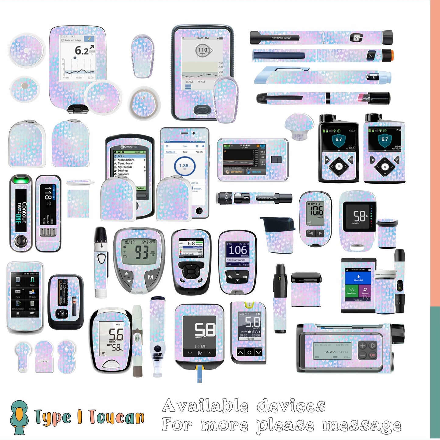 Pretty Mini Hearts | Blue Diabetes Stickers | Dexcom Sticker Omnipod Freestyle Libre Tslim Enlite Minimed Medtronic Pump Contour Decal