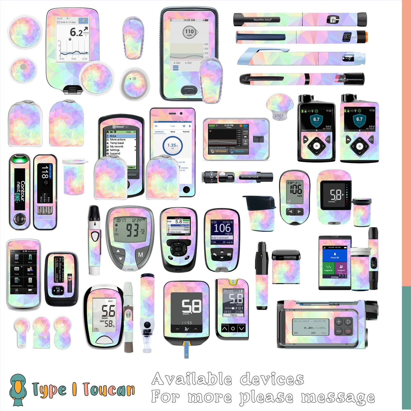 Crystal Rainbow Pastels | Diabetes Stickers | Dexcom G6 Omnipod Freestyle Libre Tslim Enlite Minimed Pump Contour Vinyl Decal Cover