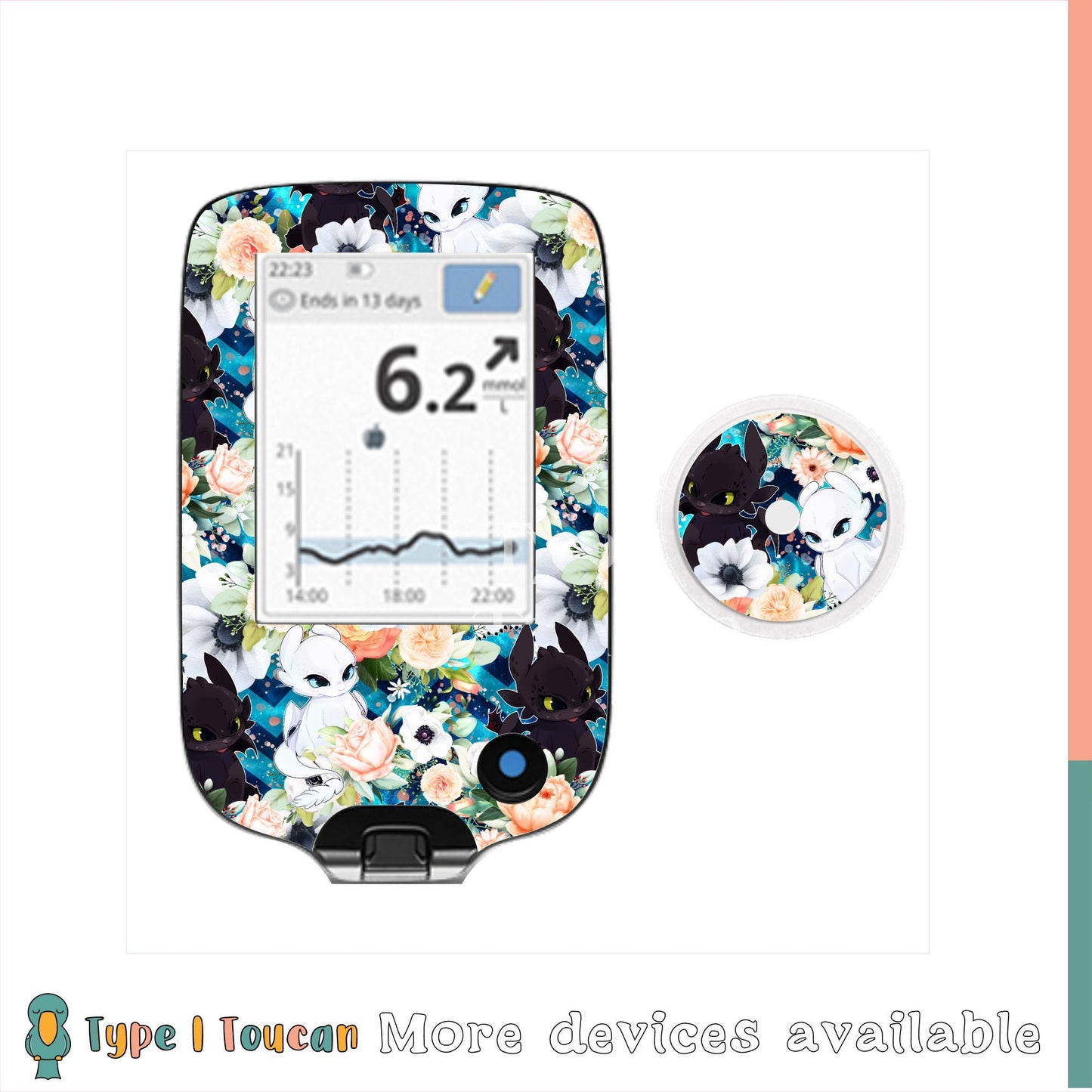 Dragon without teeth | Diabetes Stickers | Floral Flowers Dexcom G6 Stickers Omnipod Freestyle Libre Tslim Minimed Medtronic Pump Contour