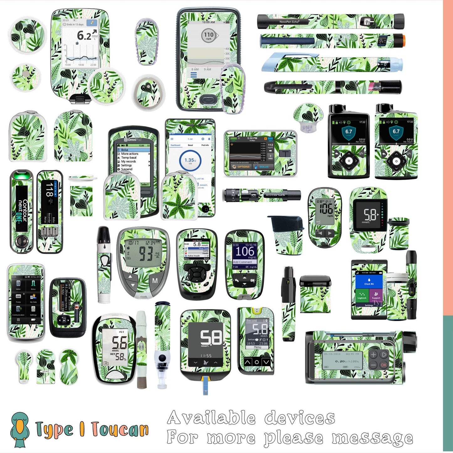 Tropical Botanical Leaves Green | Diabetes Stickers | Dexcom Sticker Omnipod Freestyle Libre Tslim Minimed Medtronic Pump Contour Cover