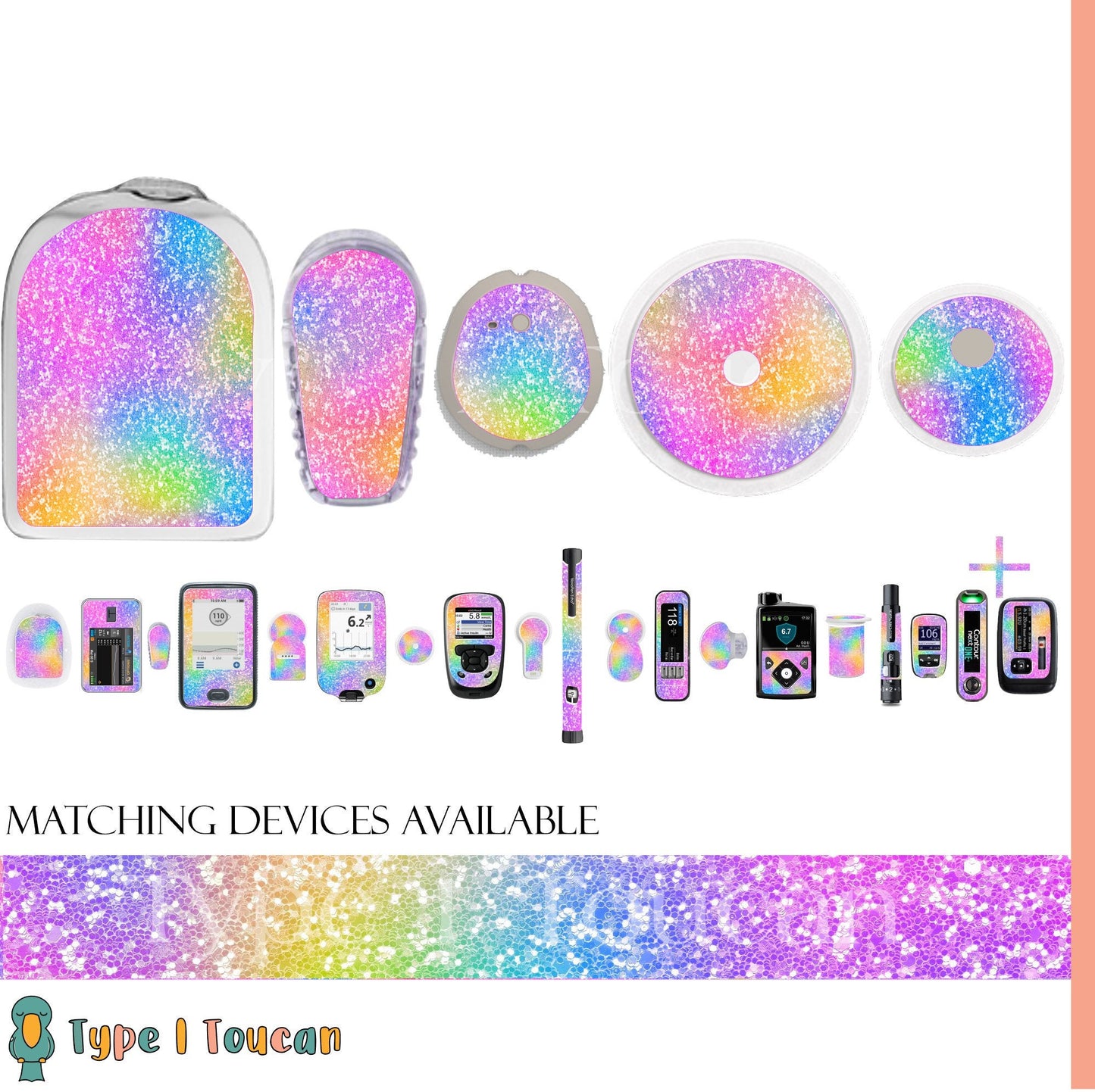 Rainbow Glitter Effect | Diabetes Stickers | Dexcom G6 Omnipod Freestyle Libre Tslim Medtronic Enlite Minimed Pump Contour Vinyl Decal Cover