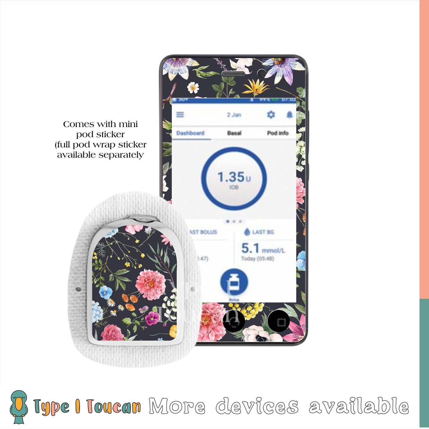 Night Florals | Diabetes Stickers | Flower Dexcom Sticker Omnipod Roses Freestyle Libre Tslim Minimed Medtronic Pump Contour Cover