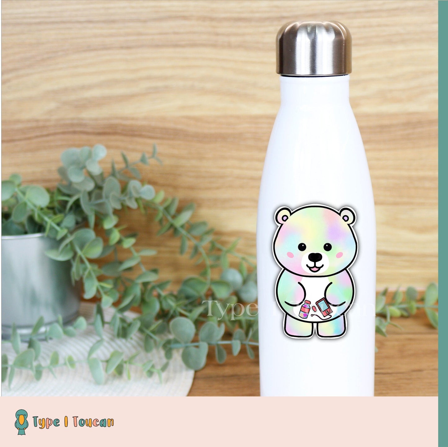 Rainbow Polar Bear | Personalised Diabuddy Sticker, Diabuddies Sticker holding choice of Novopens, Medtronic, Tslim, Omnipod, Ypsomed, Dana