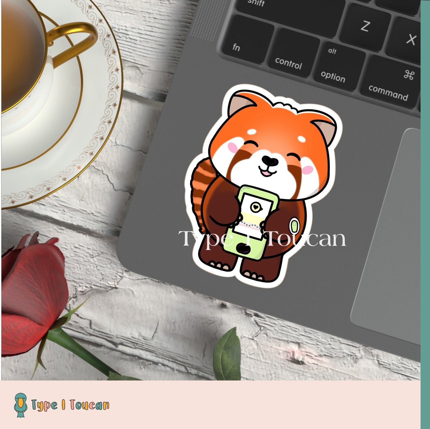 Ruby Red Panda | Personalised Diabuddy Sticker, Diabuddies Sticker holding choice of Novopens, Medtronic, Tslim, Omnipod, Ypsomed, Dana