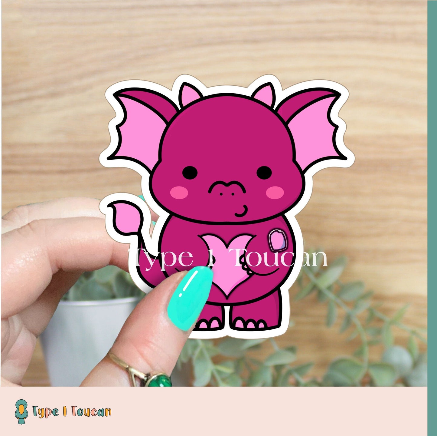 Valentine Pink Derek Dragon | Personalised Diabuddy Sticker, Diabuddies Sticker holding Novopens, Medtronic, Tslim, Omnipod, Ypsomed, Dana