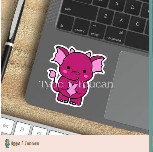 Valentine Pink Derek Dragon | Personalised Diabuddy Sticker, Diabuddies Sticker holding Novopens, Medtronic, Tslim, Omnipod, Ypsomed, Dana