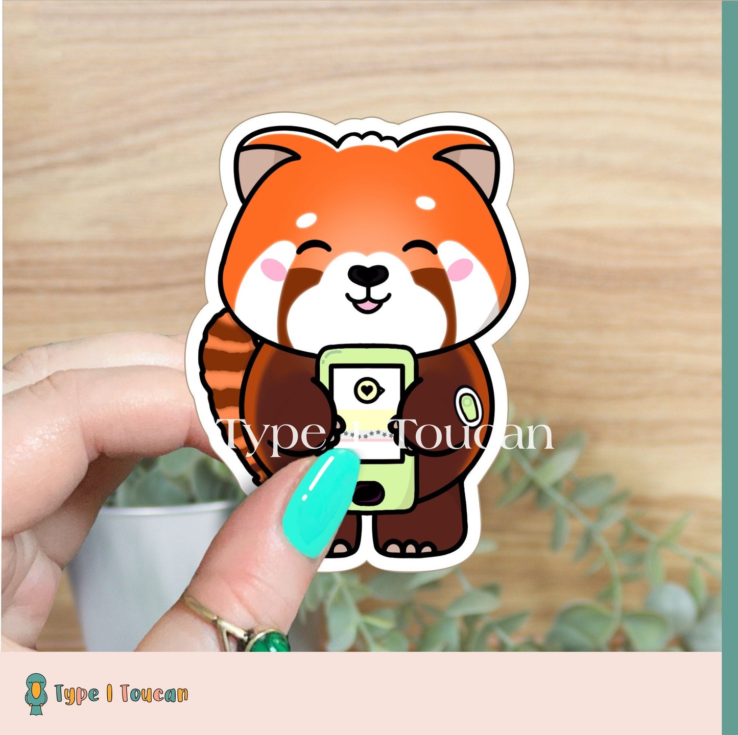Ruby Red Panda | Personalised Diabuddy Sticker, Diabuddies Sticker holding choice of Novopens, Medtronic, Tslim, Omnipod, Ypsomed, Dana
