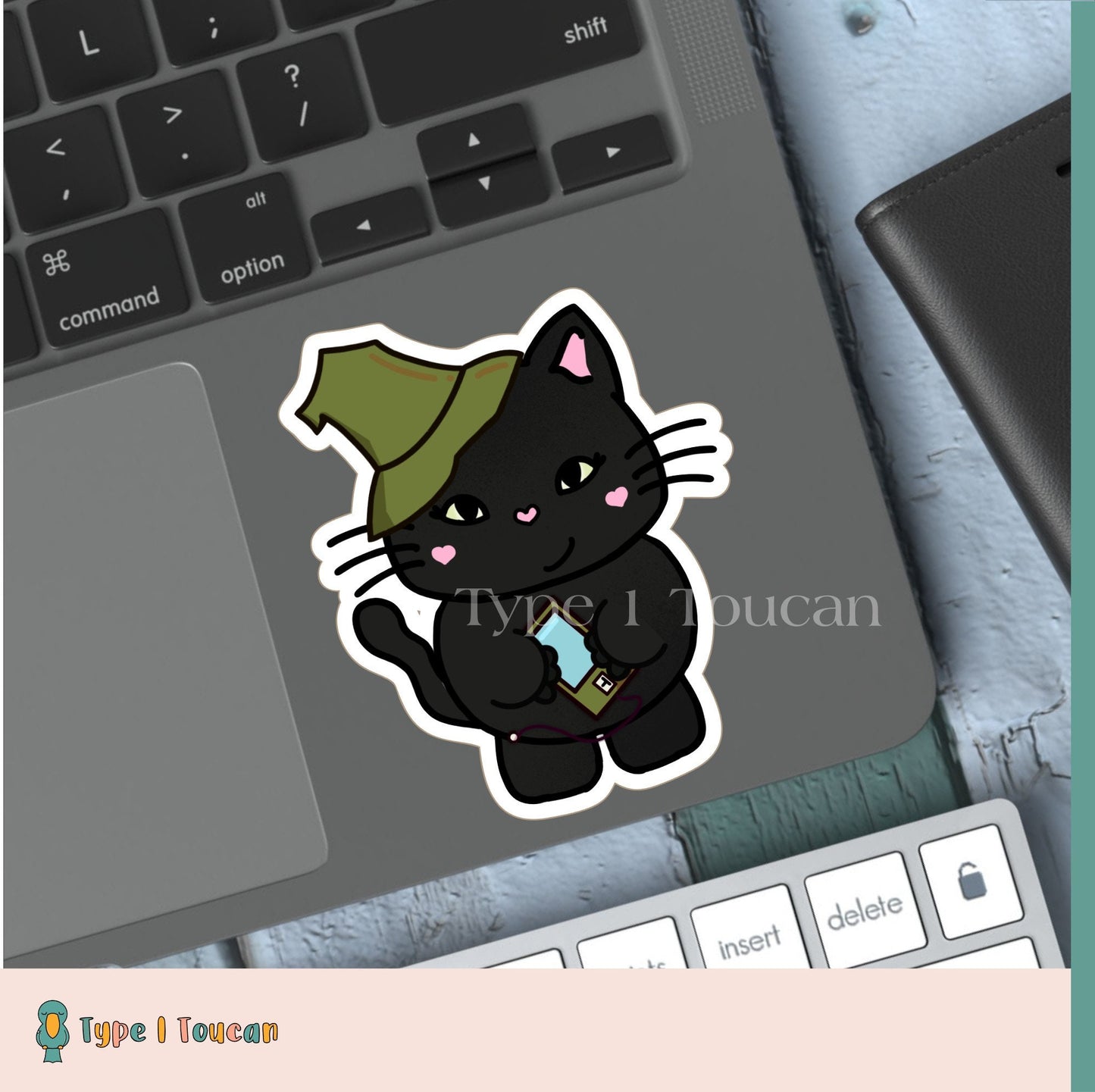 Black Cat Witch | Personalised Diabuddy Sticker, Diabuddies Sticker holding choice of Novopens, Medtronic, Tslim, Omnipod, Ypsomed, Dana