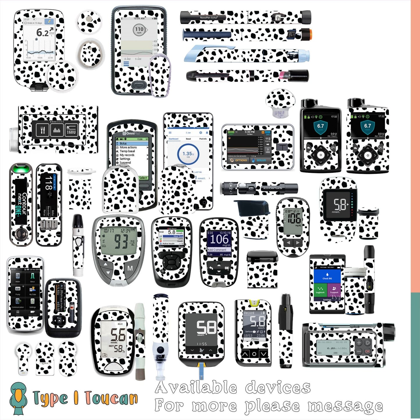 Dalmatian Print | Black and White Spot | Diabetes Stickers | T1D T2D Dexcom G6 Stickers Omnipod Freestyle Libre Tslim Minimed Medtronic Pump