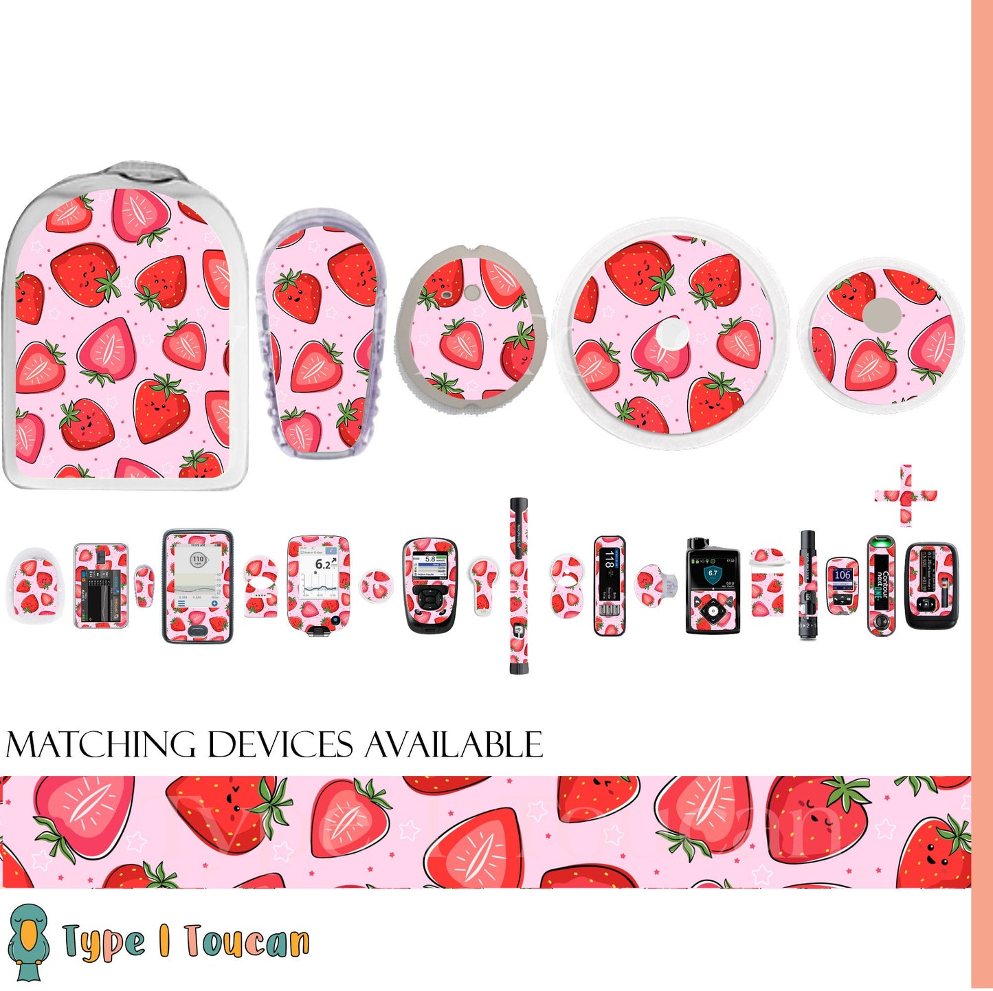 Cute Strawberry | Diabetes Stickers | Dexcom G6 Omnipod Freestyle Libre Tslim Medtronic Enlite Minimed Pump Contour Vinyl Decal Cover