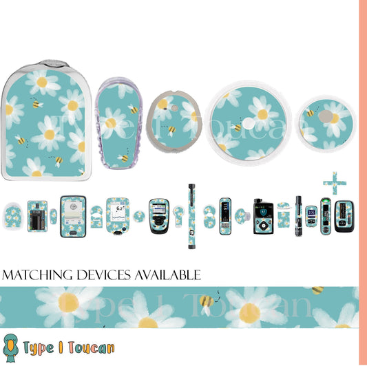 Daisies and Bees in Blue | Diabetes Stickers | Dexcom G6 Omnipod Freestyle Libre Tslim Medtronic Enlite Minimed Pump Contour Decal Novopens