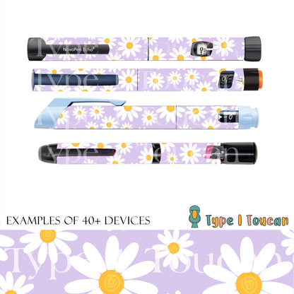 Pretty Lilac Daisies | Floral Diabetes Stickers | Dexcom G6 Omnipod 5, Freestyle Libre Tslim Medtronic Minimed Ypsomed Pump Novopen Contour