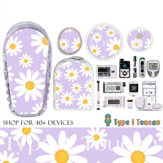 Pretty Lilac Daisies | Floral Diabetes Stickers | Dexcom G6 Omnipod 5, Freestyle Libre Tslim Medtronic Minimed Ypsomed Pump Novopen Contour