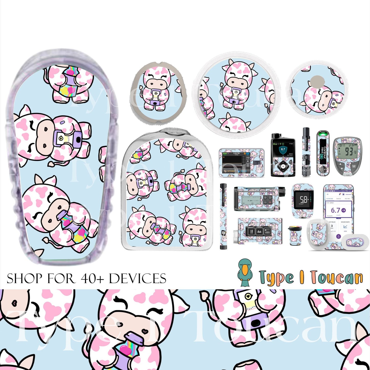 Strawberry Pink Cow Diabuddy | Diabetes Stickers | Dexcom G6 Omnipod Freestyle Libre Tslim Medtronic Enlite Minimed Pump Contour Decal
